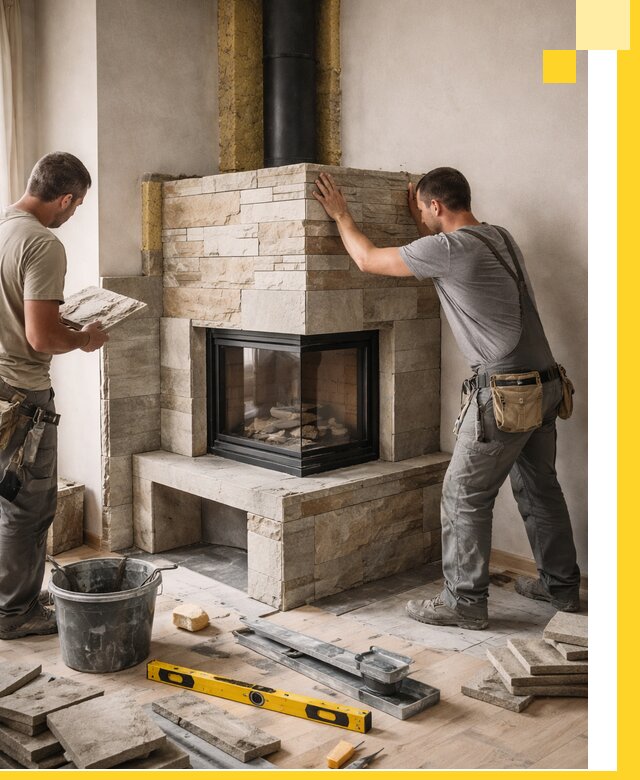 Угловые камины под ключ проект, монтаж и отделка в Дагестанских Огнях