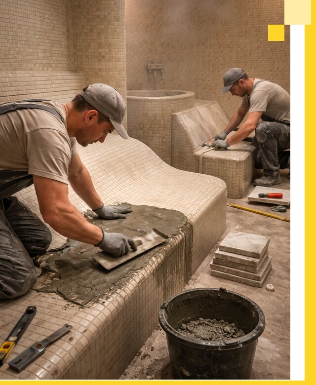 Лежаки для хамама под ключ в Дагестанских Огнях, проект и монтаж